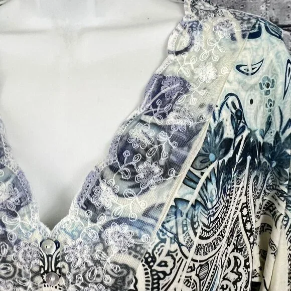 One World Womens V-Neck Lace Trim Tunic Top PXL Blue & Cream Paisley - Picture 5 of 10